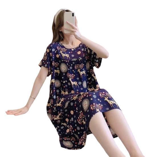 Женская ночная рубашка свободного покроя с цветочным принтом, круглым вырезом, плиссированная, с короткими рукавами, длиной до колена, домашняя одежда, повседневное платье миди, женская ночная рубашка, платье миди