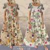 [1/2style] Nibunnoichi Style Botanical Floral Print Dress, Long, Casual, Puff Sleeves, and a Button-Down Design for Resort Wear (Khaki, L)