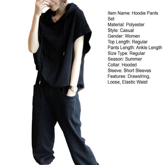 2 шт./компл. комплект брюк с капюшоном на шнурке, однотонный, с короткими рукавами, с эластичной резинкой на талии, карманами, с капюшоном, свободные женские повседневные брюки с ремешками на щиколотке
