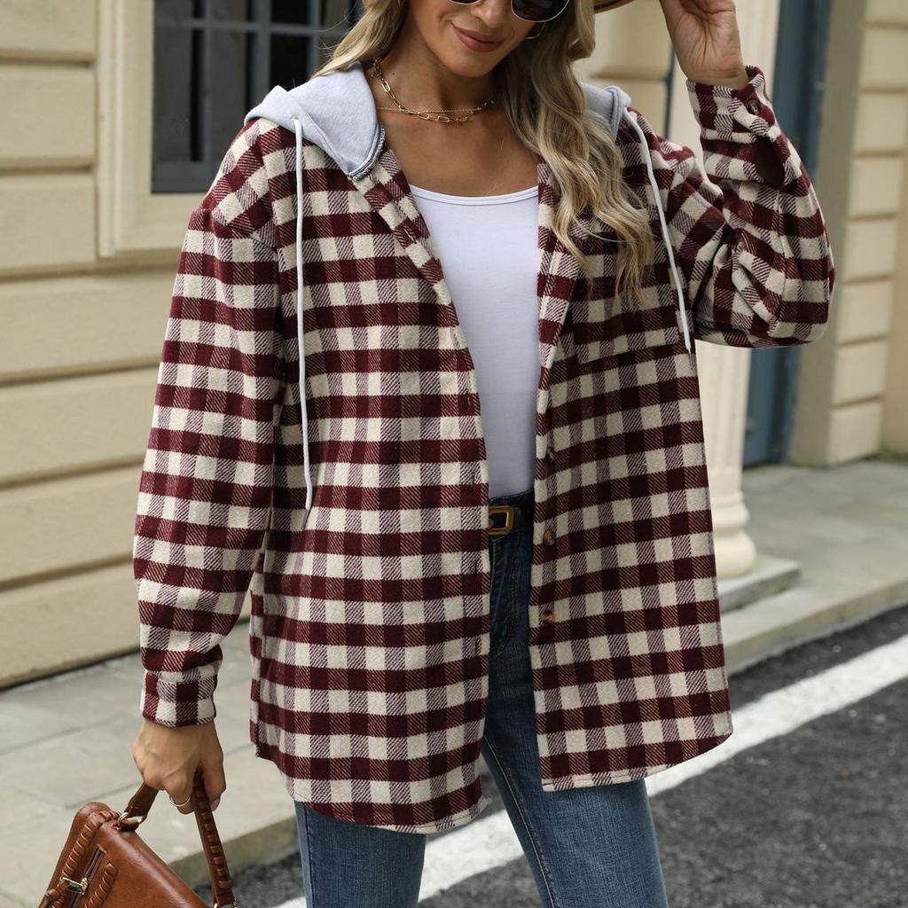 Женский свободный повседневный клетчатый топ с капюшоном и однобортным шерстяным пальто