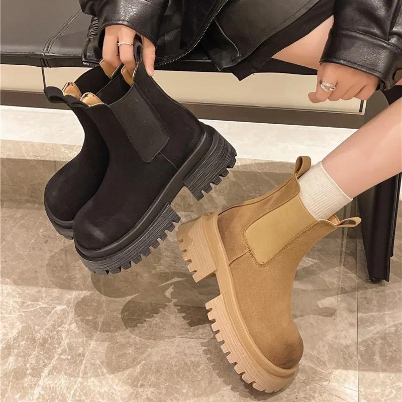 Абсолютно новые ботинки челси из мягкой кожи, женские осенние туфли на платформе без застежек, модные женские плюшевые теплые зимние