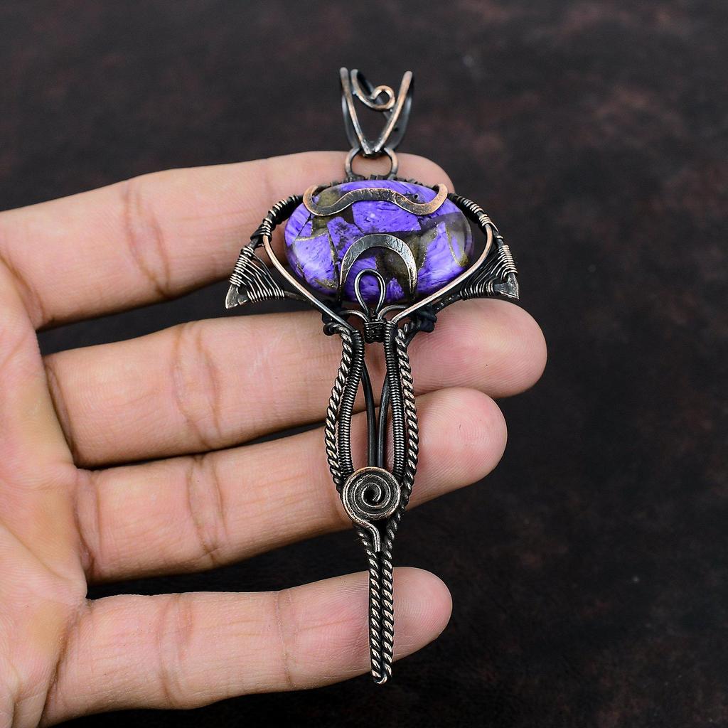 Медный кулон с чароитом, обернутый медной проволокой, кулон из натурального драгоценного камня, дизайнерский кулон ручной работы, чудесное медное ювелирное украшение в подарок для нее