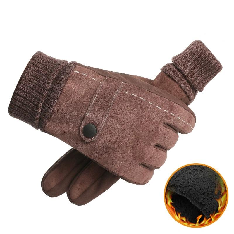 Мужские зимние теплые кожаные перчатки из утолщенного хлопка ветрозащитные варежки для вождения