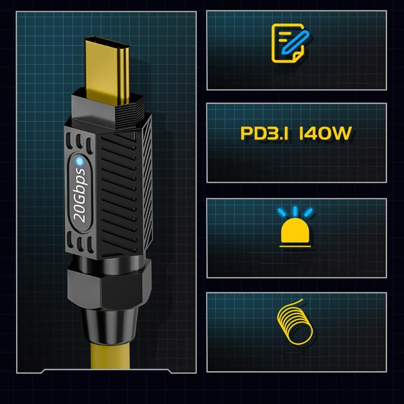 USB C 140 Вт Зарядный кабель Шнур зарядного устройства Видеовыход 8K@60 Гц USB 20 Гбит/с Провод для синхронизации данных для мобильного телефона Планшета Ноутбука