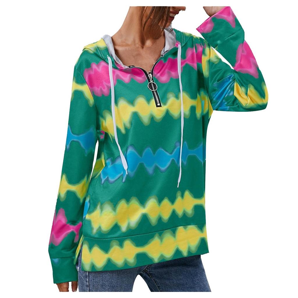 Women's Fashion Wave Printed Striped Drawstring Hooded Casual Sweatshirt Top