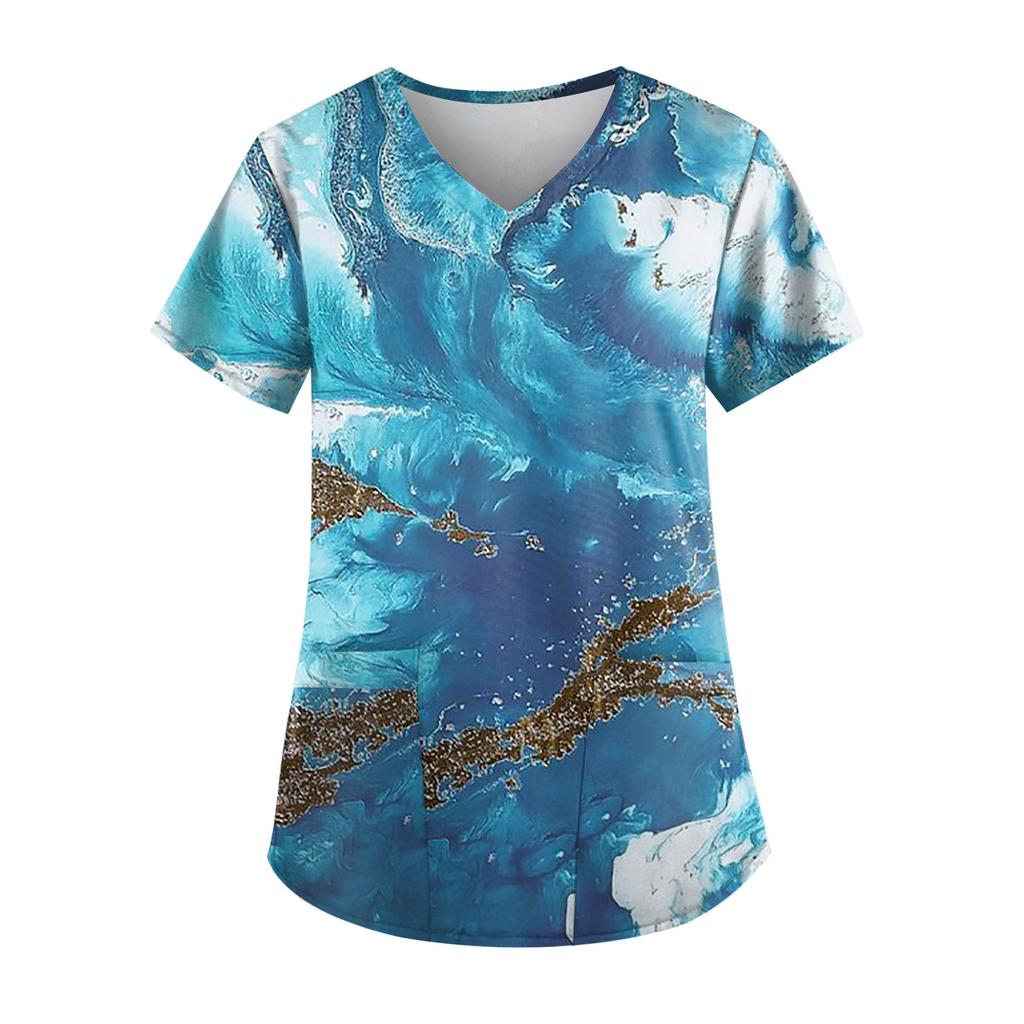 Рабочая форма больших размеров с принтом, топы для женщин, футболки с v-образным вырезом и короткими рукавами, рабочая одежда, футболка с карманами