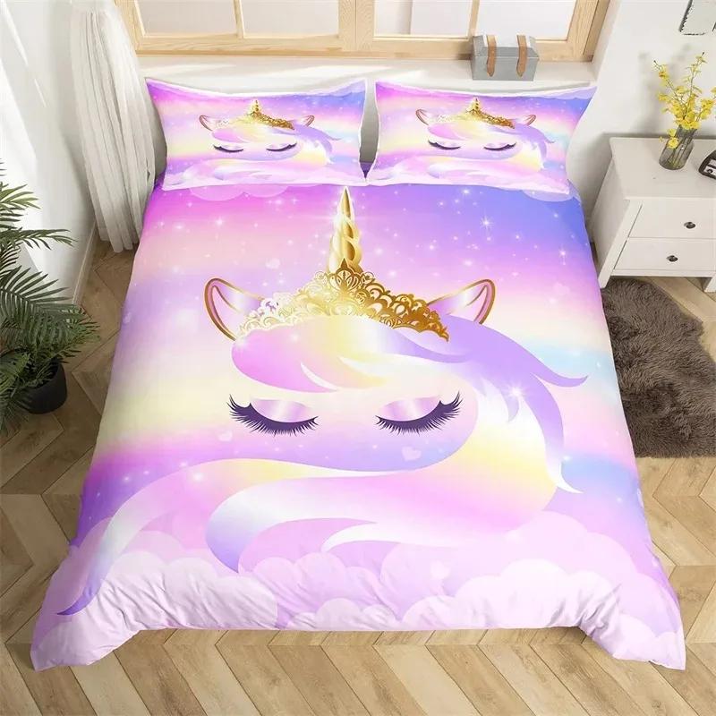 Cartoon Unicorn Duvet Cover Twin King Smiling Eyelash Rainbow Bedding Set For Kids Girls Microfiber Magical Animal Quilt Cover