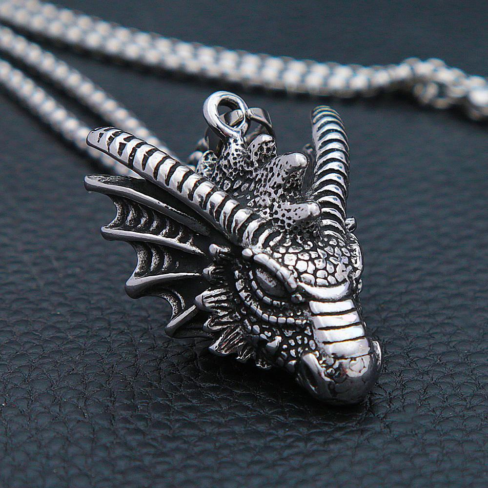 Vintage Vikings Dragon Pendant Necklace Mens 316L Stainless Steel Animal Head Biker Necklaces Punk Dragon Pendant Jewelry Gifts