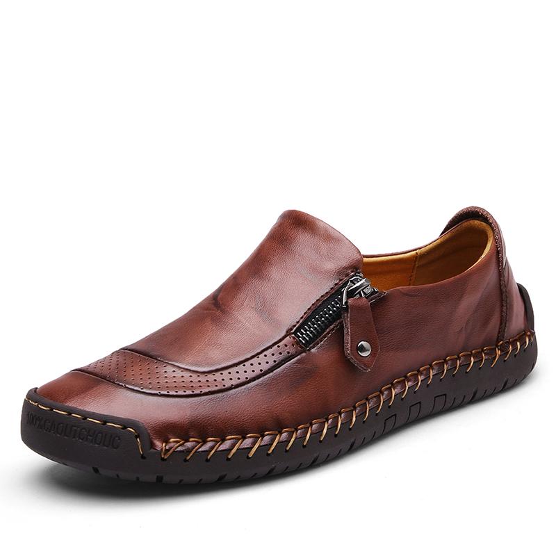 Men's Casual Patchwork Leather Zip Split Round Toe Slip-on Shoes Fashion Antiskid Suture Sole Loafer