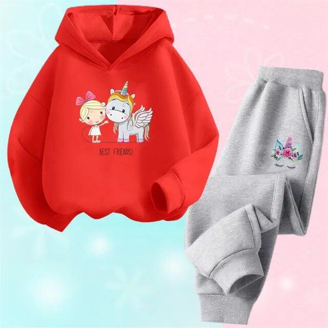 Хлопковый костюм с капюшоном из мультфильма единорога и пони для девочек, толстовки и штаны, комплект из двух предметов, весенне-осенняя спортивная одежда для детей 3-14 лет