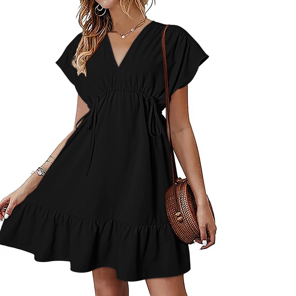 Women's Dresses Short Sleeve V Neck Drawstring Casual Ruffled A Line Babydoll Dress