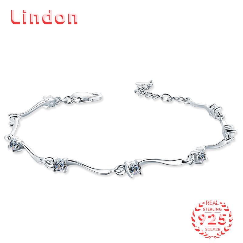 Lindon Women Zircon 925 Sterling Silver Jewelry Geometric Bead Chain Link Bracelet Fashion Fine Wedding Gift for Girlfriend