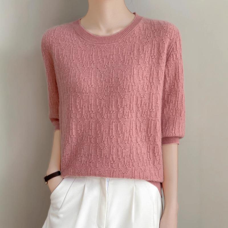 Весенний новый вязаный свитер женский с коротким рукавом, пуловер с круглым вырезом, тонкий топ с рукавом три четверти, больших размеров, базовая футболка