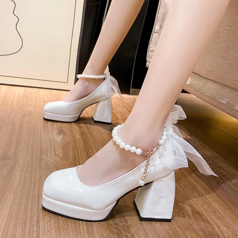 Мода 2024 года, новые модные туфли для женщин, туфли Мэри Джейн на высоком каблуке, летние однотонные туфли для офиса и карьеры, женские туфли с бусинами, Zapatos