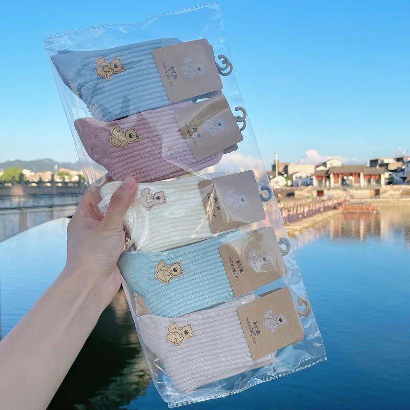 5 пар детских носков для мальчиков и девочек, простые модные однотонные носки до середины икры для детей, весенне-осенние полосатые хлопковые носки для мальчиков и девочек