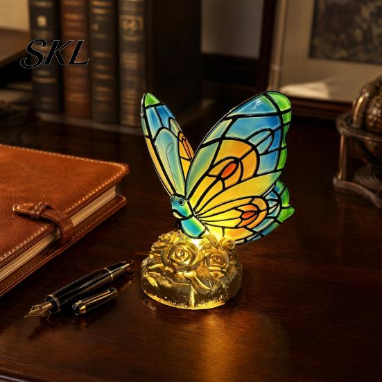 Study Desk Atmosphere Light Cute Bedside Table Lamp, Butterfly Rose Nightstand Lamps, Stained Glass Aged Bronze Carving Lamp Wing Shade, Bedroom Decor