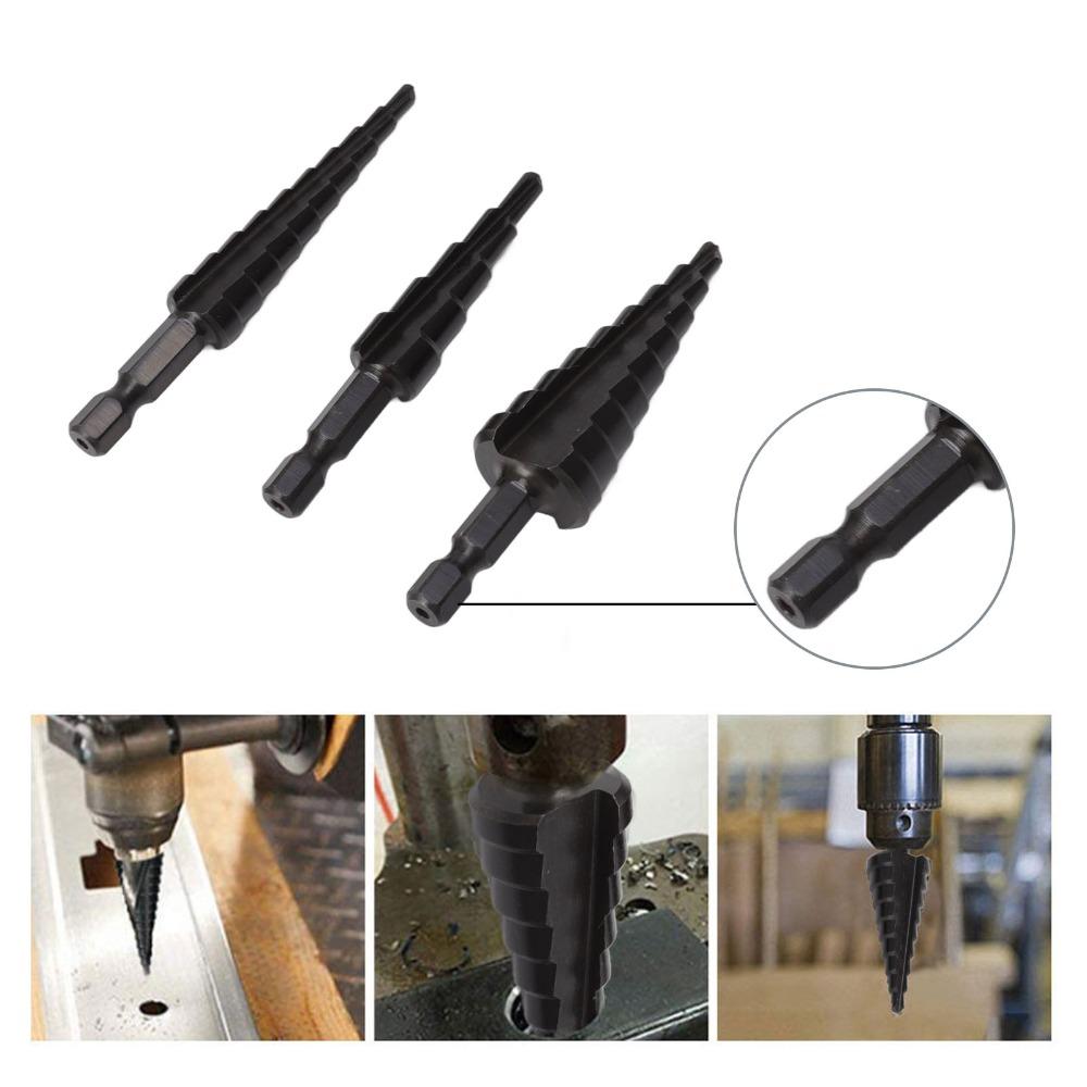 3pcs Hex Shank Step Drill Bit Set Black Bearing Steel Step Drill Bit  Home Improvement
