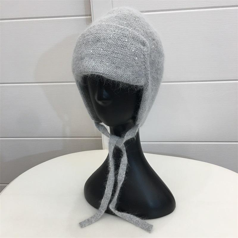 Огромная милая зимняя утолщенная вязаная шапка-ушанка из кроличьего меха для девочек, студенческая, ветрозащитная, теплая, с защитой ушей, шерстяная