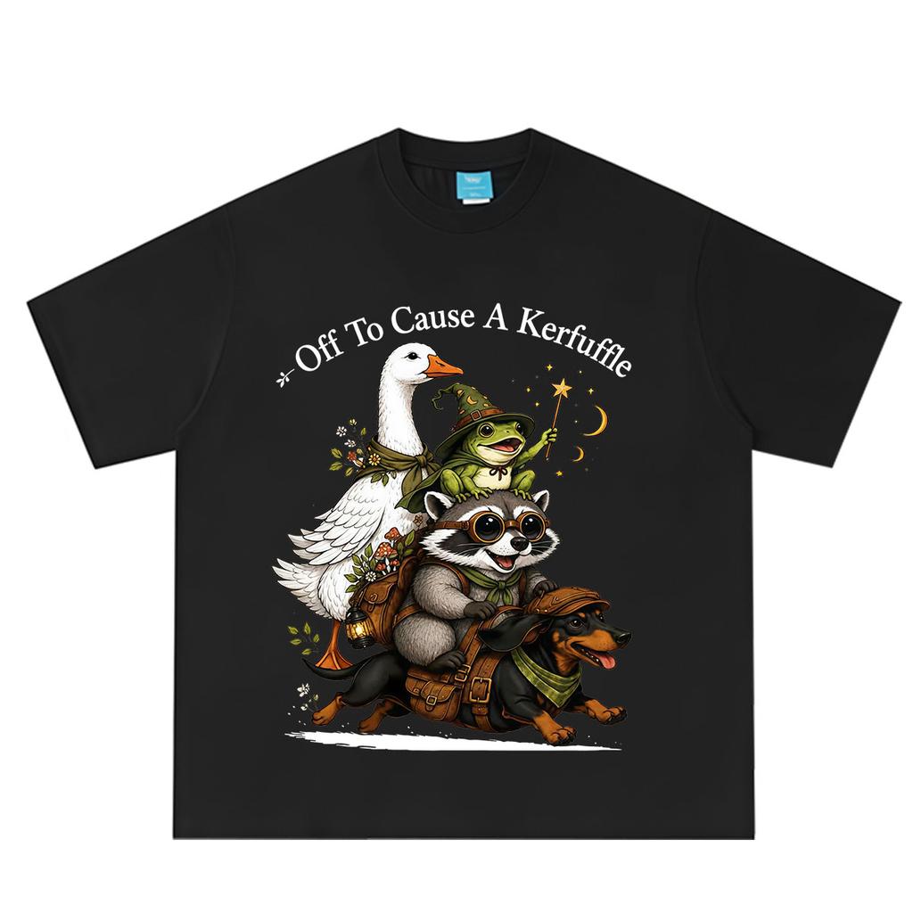 Off To Cause A Kerfuffle Frog Raccoon Goose Riding Dachshund T Shirt Unisex Unisex Vintage Tshirt Casual Loose Cotton Tshirts Tops