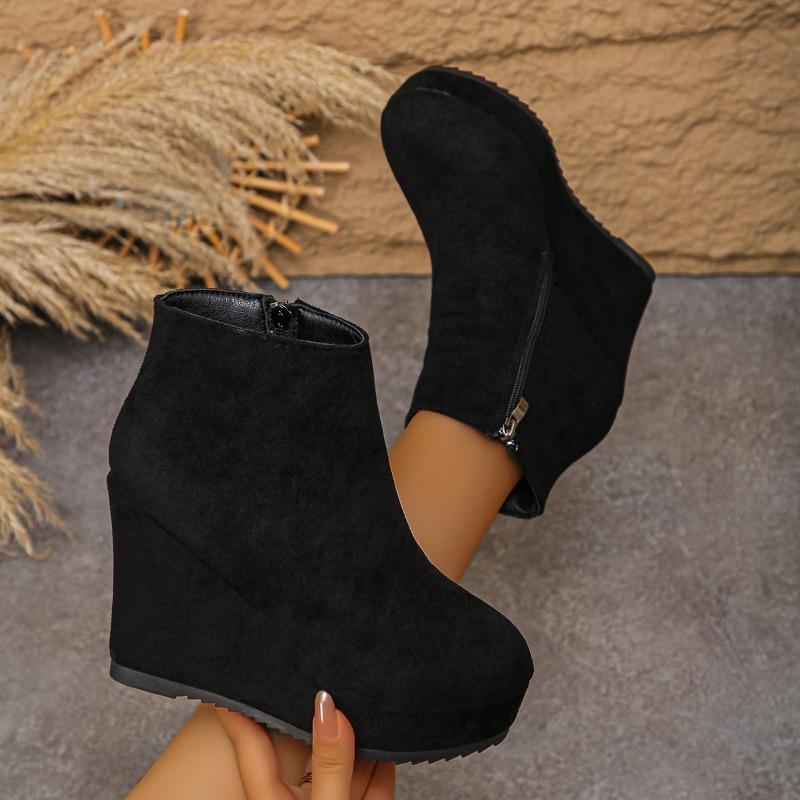 Женские ботильоны на танкетке, осенние, новые, с круглым носком, на боковой молнии, платформа, нескользящие, износостойкие, на высоком каблуке