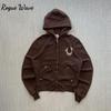 RogueWave American Retro Zipper Up Hoodie Y2K Clothes Harajuku Hip Hop Goth Oversized Hoodie Sweatshirt Men Women Casual Zip Jacket Tops