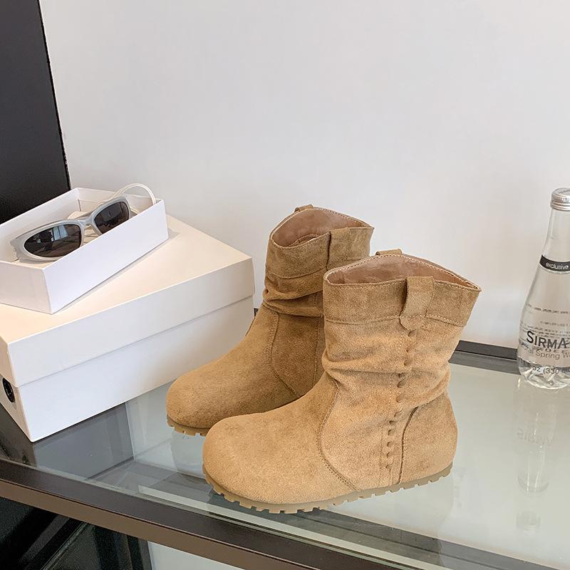 Retro super fire pleated stacking boots women's 2025 autumn new heightening sleeve Martin boots slim Birkenstock short boots