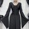 AltGoth Винтажное готическое платье на Хэллоуин Женское темное панковское элегантное платье с расклешенными рукавами и V-образным вырезом с высокой талией Платье в стиле эмо-альтернативной вечеринки