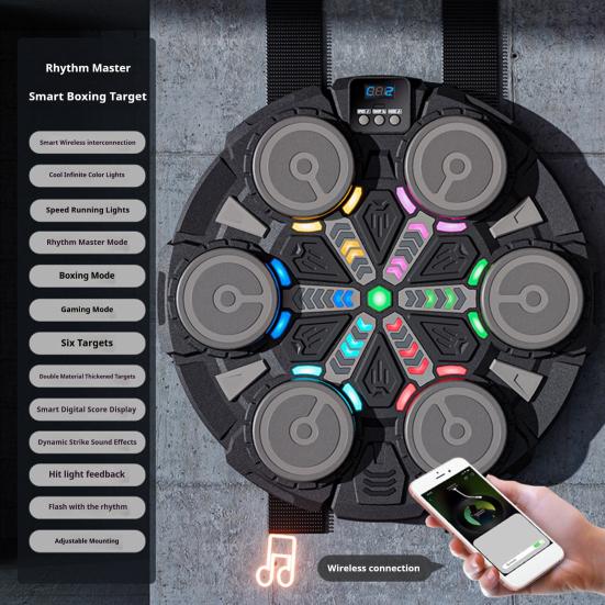 Музыкальный боксерский тренажер с перчатками, настенная боксерская мишень, совместимая с Bluetooth, со светодиодной подсветкой, 9 регулируемых скоростей, электронный боксерский тренажер, подушка для отработки ударов