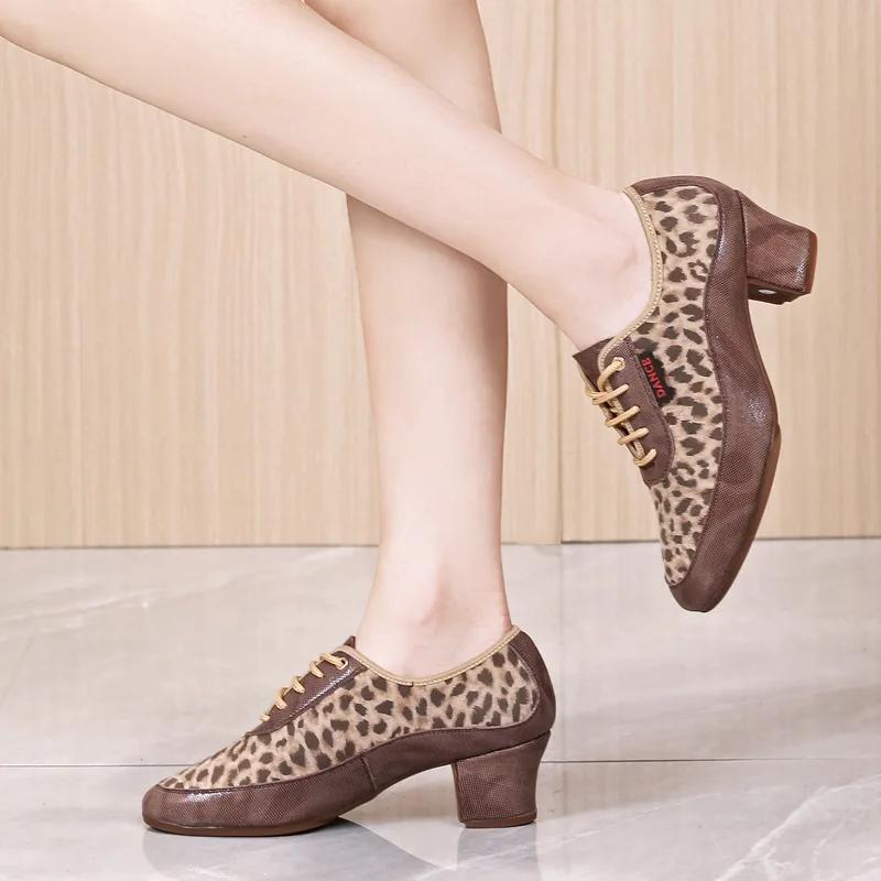 Women Ballroom Dance Shoes Leopard Print Middle Heel Ladies Women Latin Dance Shoes Jazz Tango Teacher Dancing Shoes