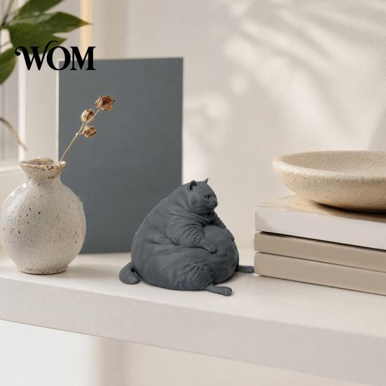 Sitting Cat Statue 3D Printed Fat Figurine, Modern for Collectible Art Piece Desk Decor, Animal Shape Ornament, Lovers Gift Small Sculpture