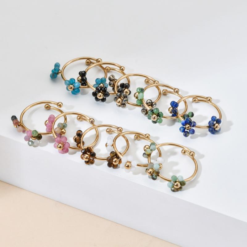 Natural Stone Beads Flower Rings For Women Stainless Steel Jewelry Female Summer Accessories Open Adjustable Couple Rings Gift