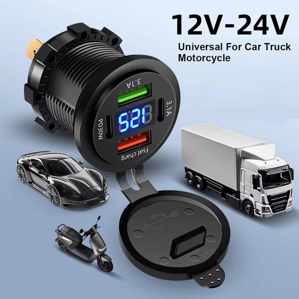 Разъем автомобильного зарядного устройства 83 Вт PD30 Вт быстрая зарядка двойной USB+Type C выход адаптер питания для телефона с вольтметром для мотоцикла грузовика лодки