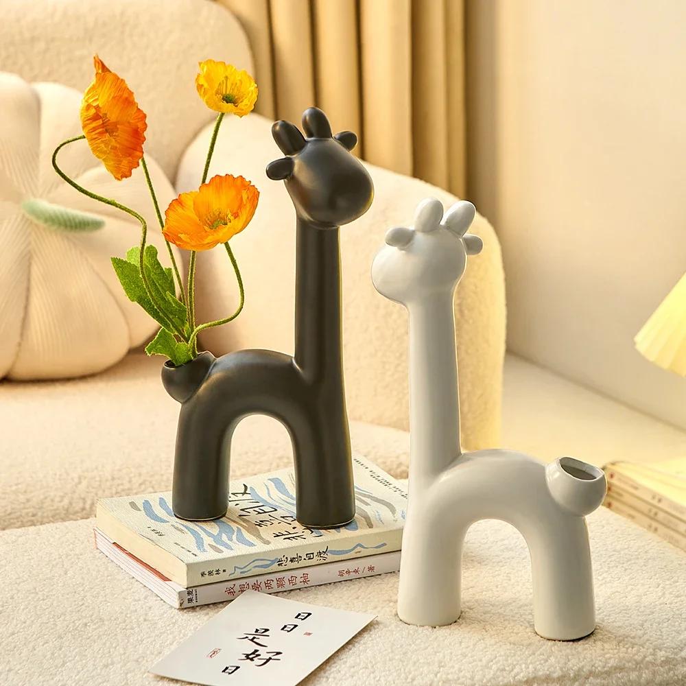 Милая керамическая ваза с оленями для сухоцветов, украшения дома, офисных аксессуаров, милый садовый декор, контейнер для цветов в виде животных, подарок