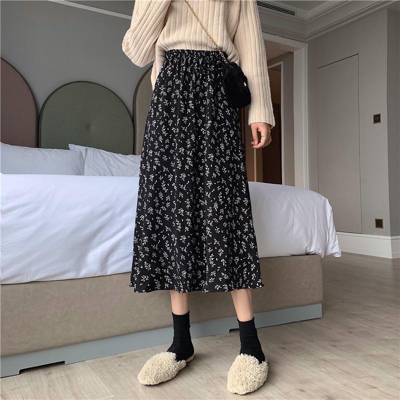 Vintage Floral Print A-line Long Skirts Summer Women Korean Skirt Streetwear Drawstring Elastic Waist Midi Skirt