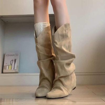 Кожаная версия~ внутренняя прибавка высоты, остроносые плиссированные сапоги-чулки, но сапоги до колена, женские облегающие ретро-вестерн сапоги, полусапоги