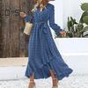 Women Spring Fall Dress Dot Applique Solid Color V Neck Belted Tight High Waist A Line Irregular Ruffle Hem Bohemian Flowy Wedding Party Maxi Dress