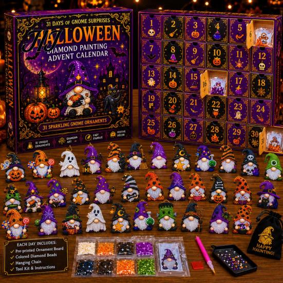 Halloween Ritual Countdown Box Gnome Advent Calendar, Christmas DIY Faux Diamond Art Creative Holiday Gift Idea Craft Kit, Handmade Hanging Ornaments