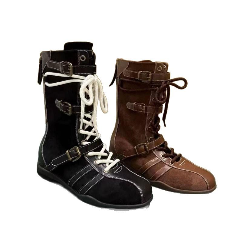 Издание из коровьей кожи~ Ретро Сплайсинг Замша Боксерские Ботинки Женская Мода Ниша Пряжка на Ремне Шнуровка Задняя Молния Ботинки Мартин