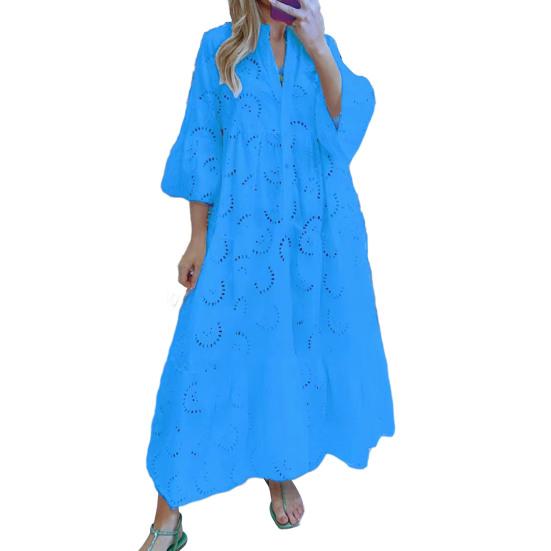 Elegant Solid Color Embroidery Lace Maxi Dress V-neck 3/4 Flared Sleeve Hollow Out Flower Pattern Buttons Half Placket Ruffle Stitching Hem Dress