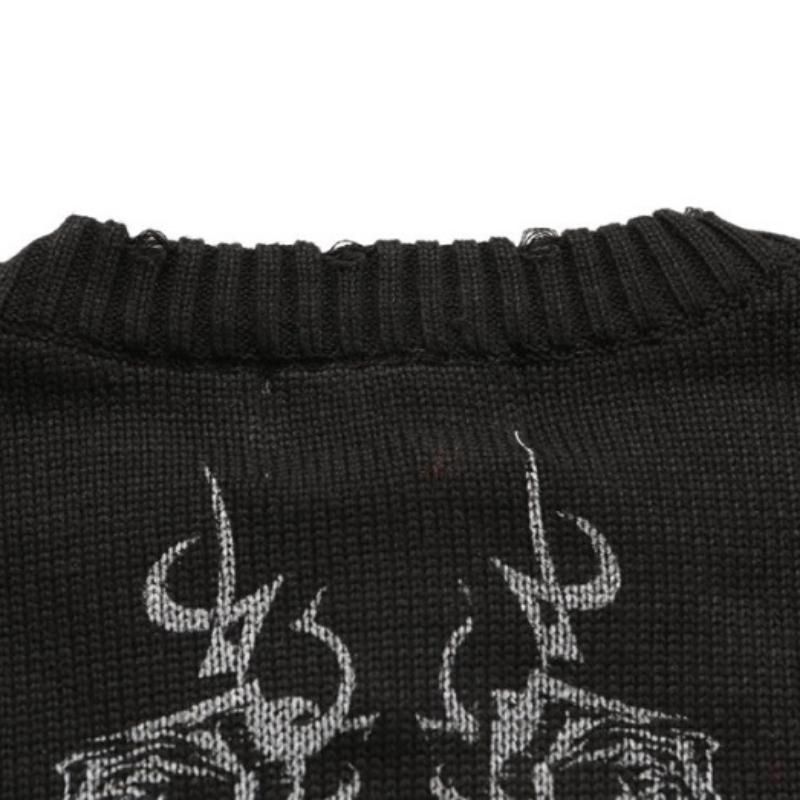 Готическая мода Harajuku Панк-рок Хип-хоп Череп Темное пламя Y2KO Воротник с длинным рукавом Вязаный свитер