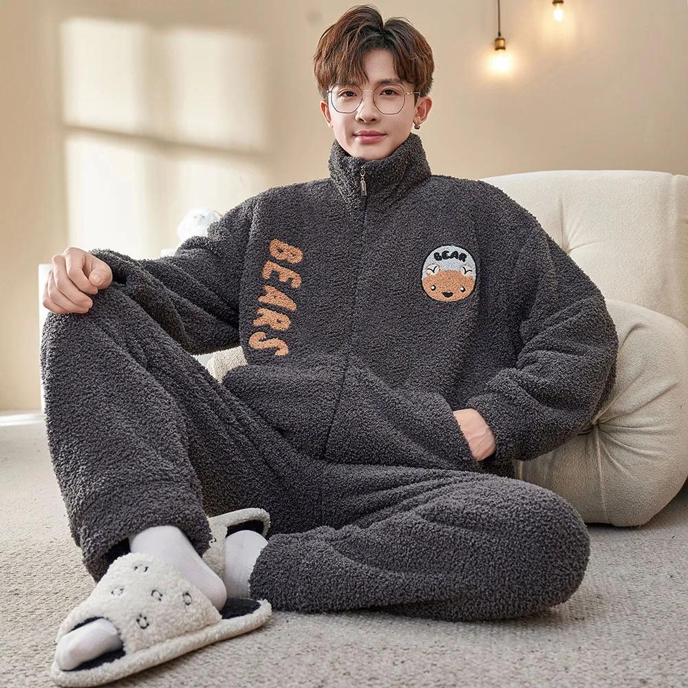 Мужская зимняя теплая пижама, пижамный комплект, мужская фланелевая пижама, домашняя одежда, бархат, коралловый бархат