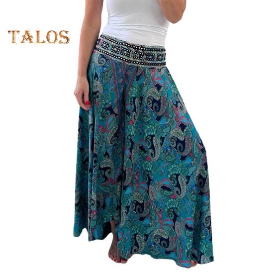 Women Summer Casual Pants Wide Leg Elastic High Waist Long Pants Retro Printing Culottes Loose Fit Flowy Trousers Streetwear