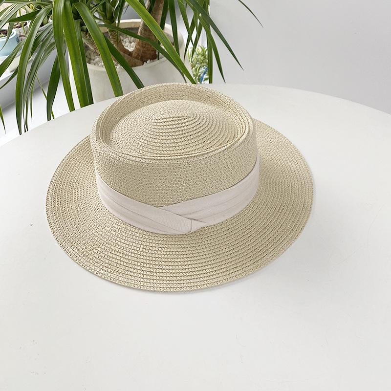 Spring Summer Flat Top Straw Hats For Women Round Bumpy Surface Fashion Bowknot Boater Cap Travel Beach Sun Hat