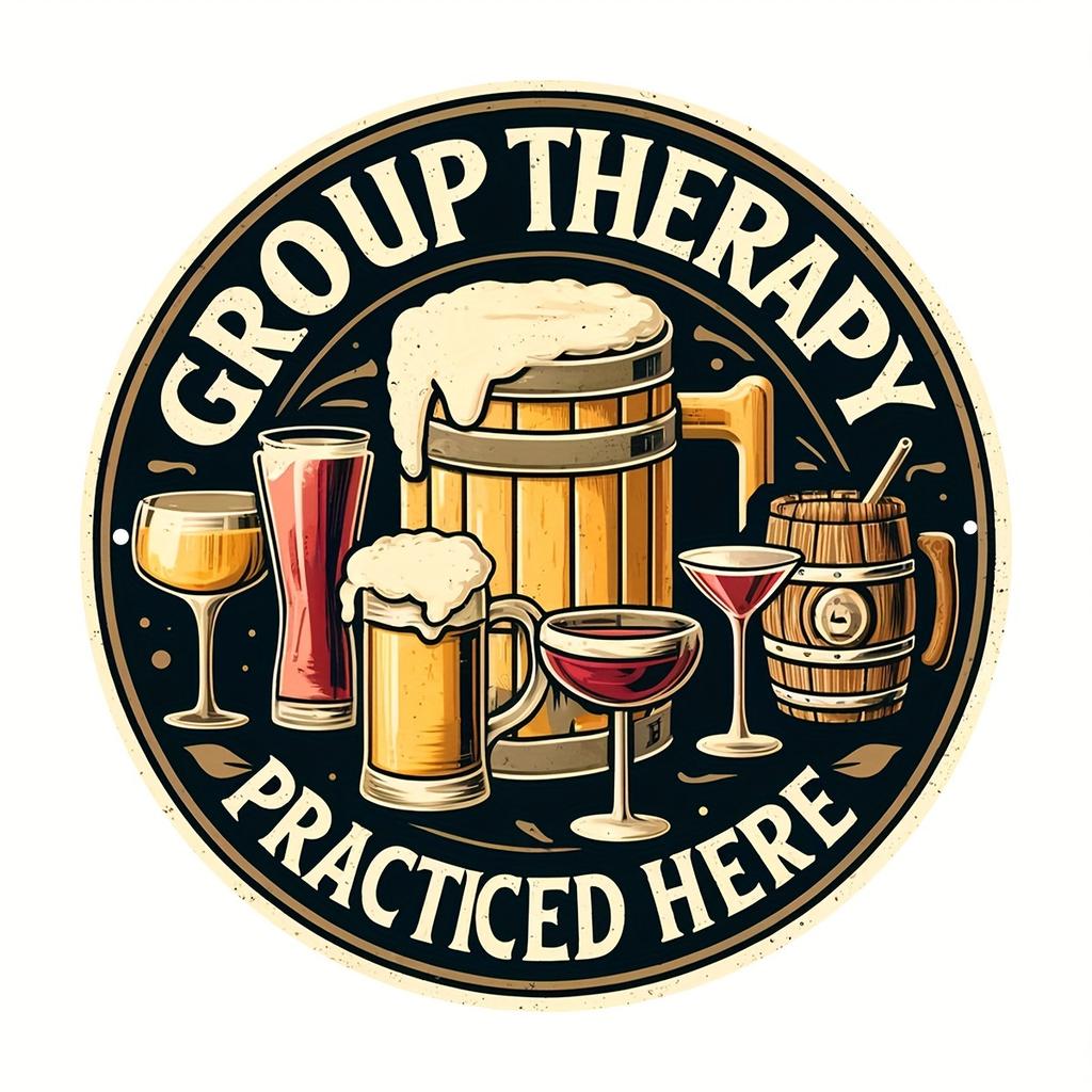 Vintage Beer Bar Art Poster: Group Therapy Practiced Here - Wooden Sign for Home Decor, Suitable for Man Cave, Backyard, or Bar Wall