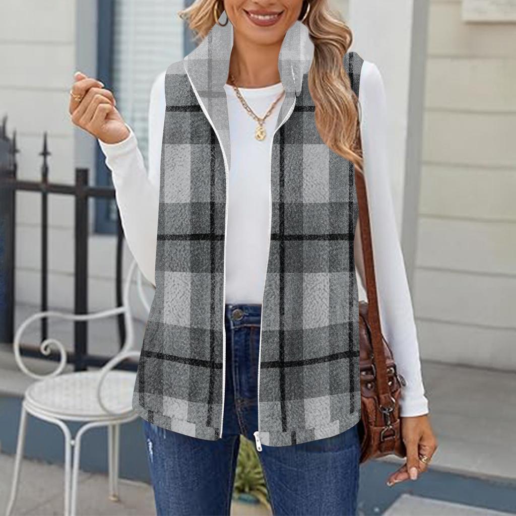Women's Checked Print Fashionable And Warm Fleece Cardigan Vest Jacket