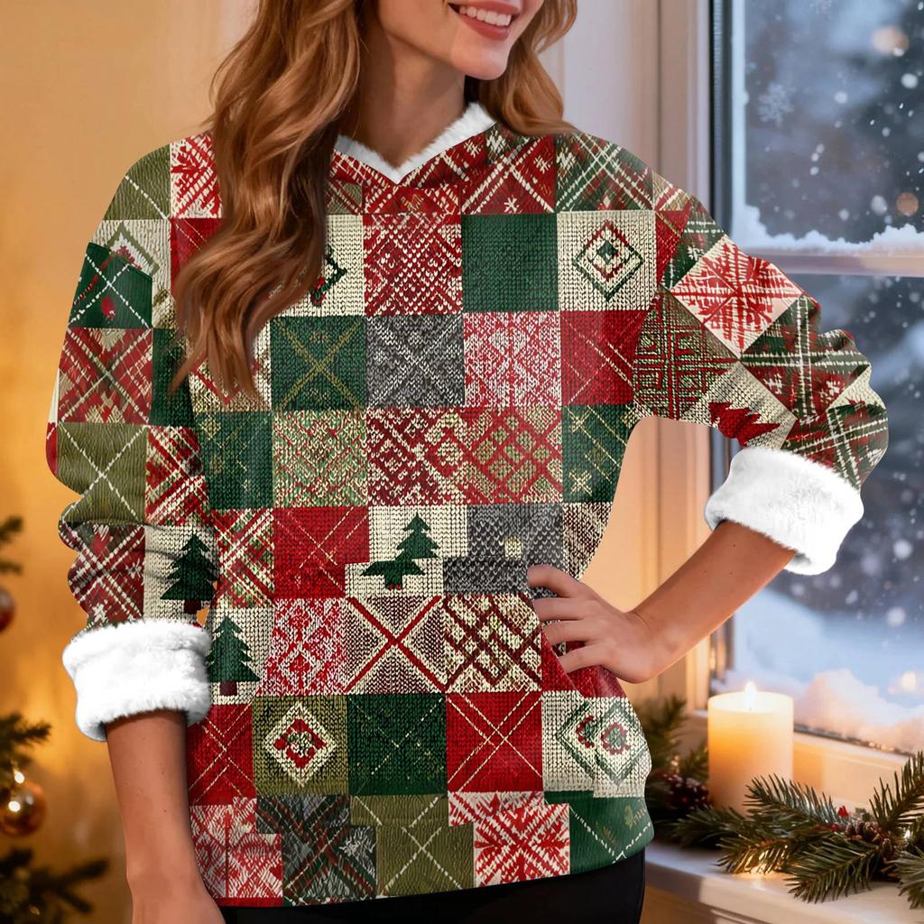 Женская модная повседневная толстовка с капюшоном и длинным рукавом с рождественским принтом