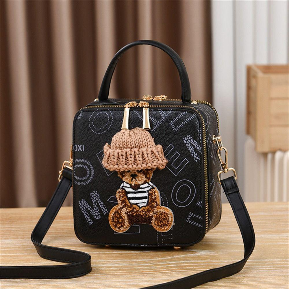 PU Leather Shoulder Bags Fashion Simple Cute Cartoon Bear Crossbody Bag Messenger Bag Women Female Small Square Bag Handbags