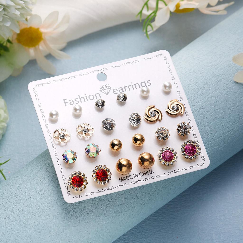 12 Pairs Earrings Set Stud Crystal Pearl Butterfly Flower Heart Women Jewelry