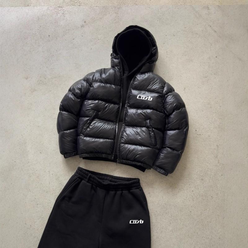 2025 Winter Thick Padded Hooded Cotton Jacket Men - European Style Letter Print Warm Coat