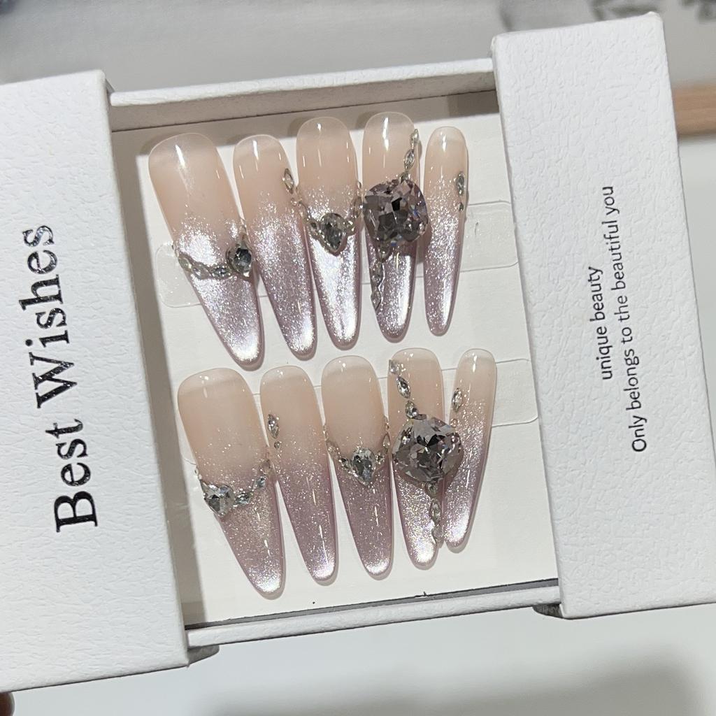 Long Cat Eye Wear Armor Handmade Purple Romantic Flash Diamond Manicure Nude Fake Nail Removable Nails